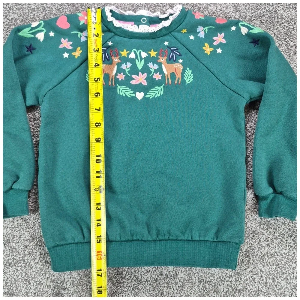 Mini Boden Sweatshirt Girls 6-7Y Green  Embroidered Animals Flora Cute